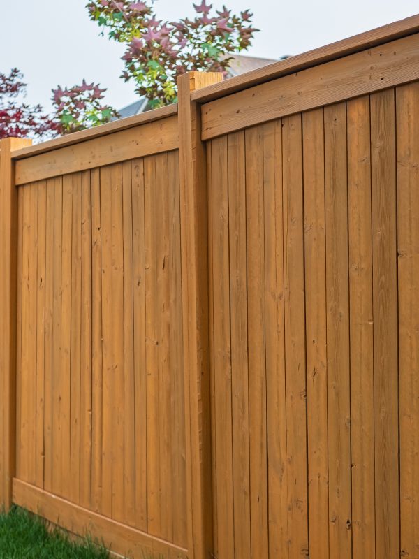 Nice wooden fence around house. Wooden fence with green lawn. Street photo, nobody, selective focus
